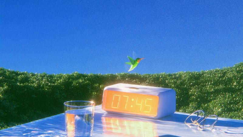 A hummingbird above an alarm clock reading 07:45 and a glass of water on a white table outdoors