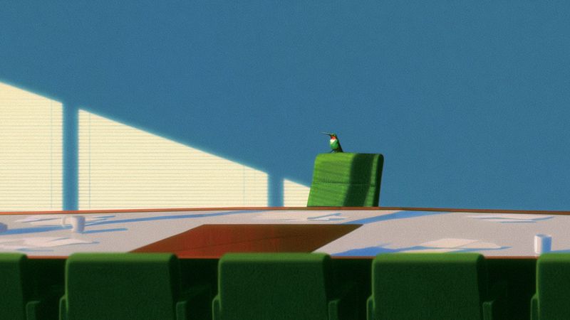 A hummingbird perched on a green chair at the head of an empty, sunlit conference table