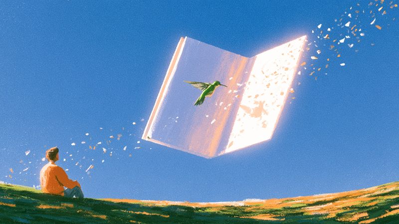 A person on a hillside watching a giant open book float in the sky, pages streaming away, a hummingbird at its center