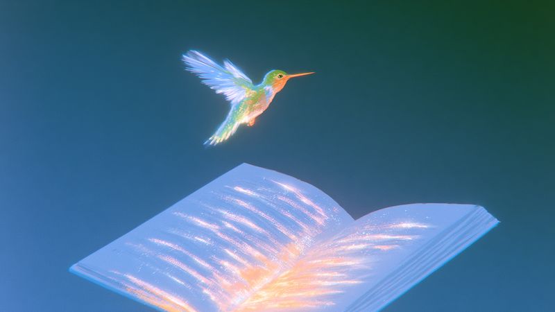 A hummingbird hovering over an open, glowing book on a deep teal ground