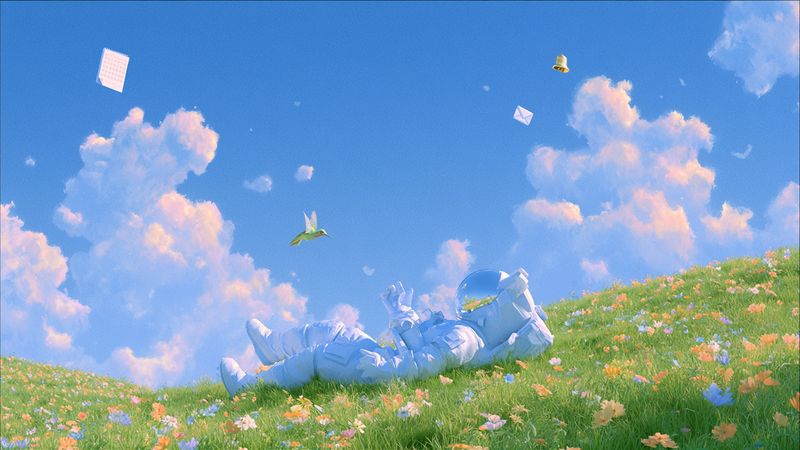 An astronaut lying on a grassy hillside as papers and a hummingbird drift overhead