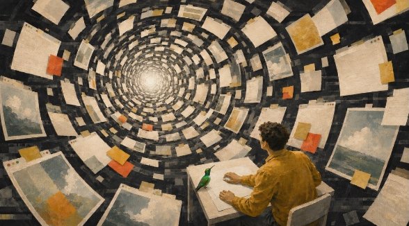 A person working at a desk inside a spiral of papers, a hummingbird beside them