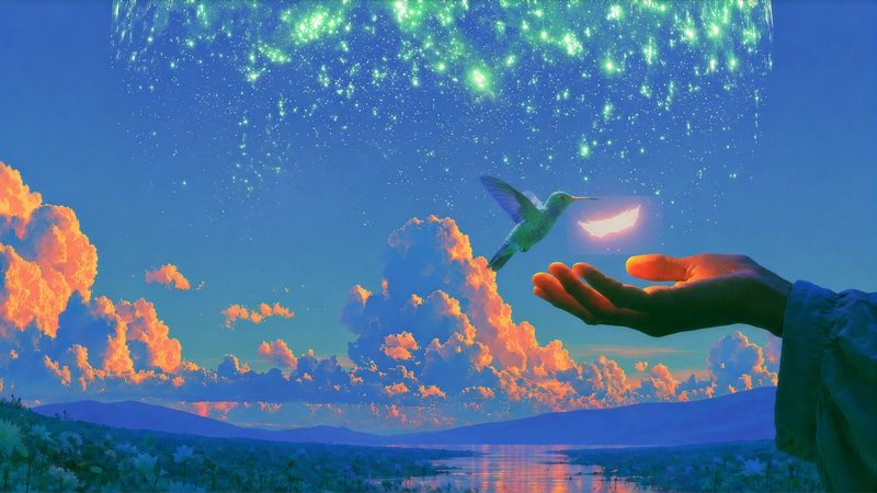 A hummingbird above an open hand holding a glowing feather, over sunset clouds and a starry sky
