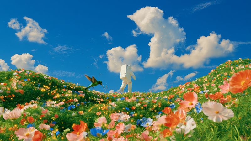 A tiny astronaut walking a flowering hill with a hummingbird nearby