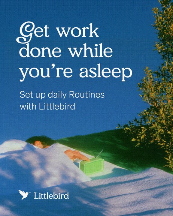 Close: “Get work done while you’re asleep” over a person asleep in white sheets